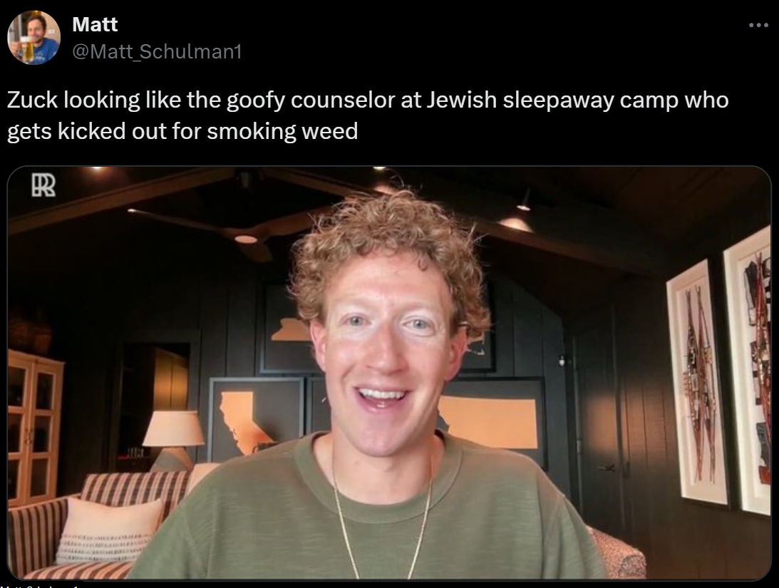 Mark Zuckerberg - Matt Zuck looking the goofy counselor at Jewish sleepaway camp who gets kicked out for smoking weed R